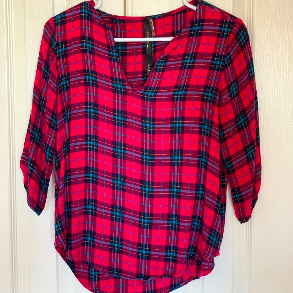 Renee C. Christopher Split Neck Top XS plaid 3/4 length